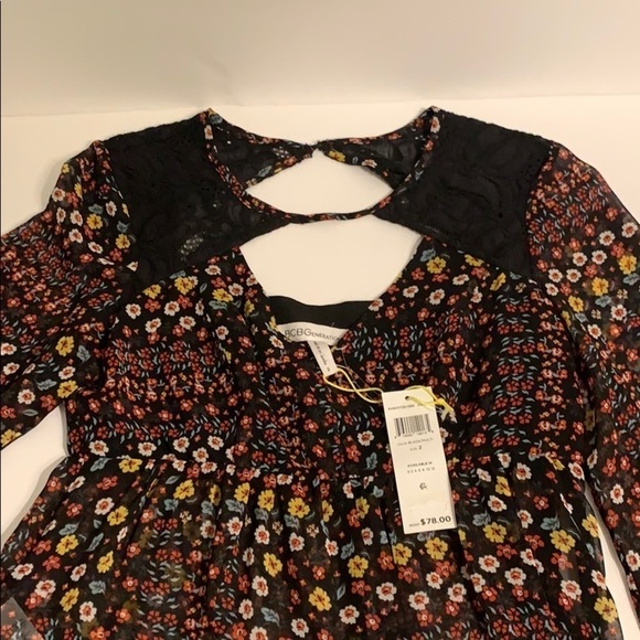 NWT BCBGeneration Floral Top Lace Trim,V-Neck,Black-Multi,Bell Sleeve,Size 2 - Picture 11 of 15